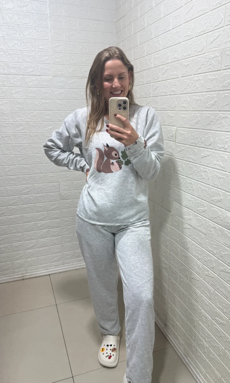 conjunto pijama cinza esquilo peluciado