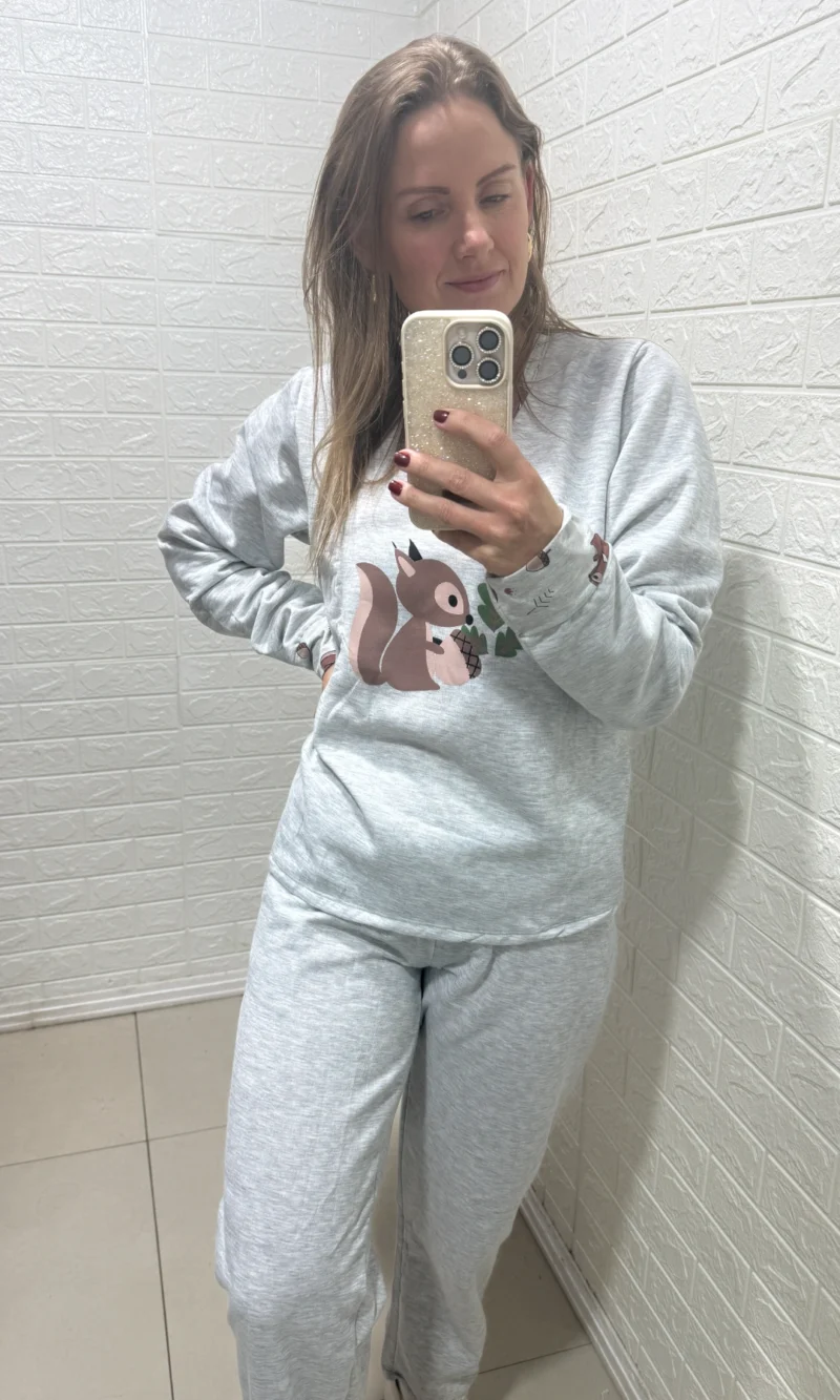 conjunto pijama cinza esquilo peluciado