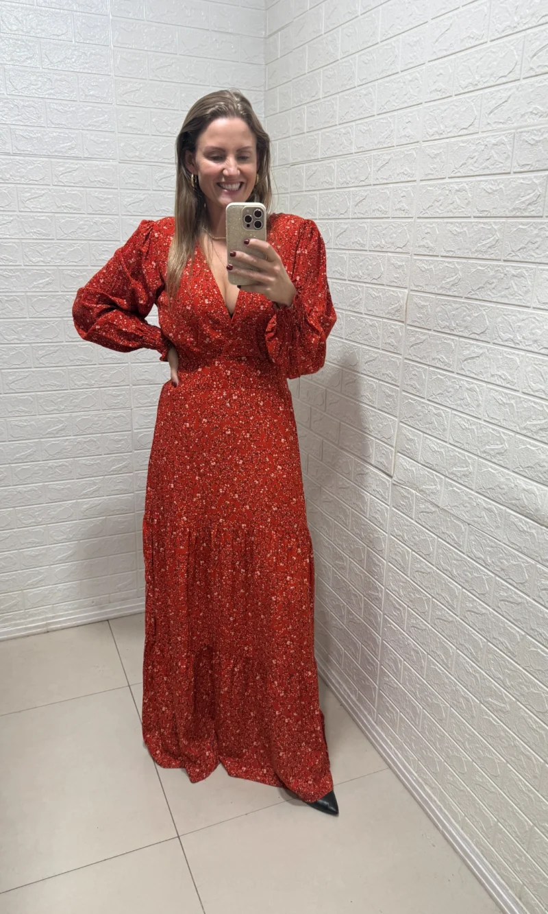 vestido longo estampa camponesa verde