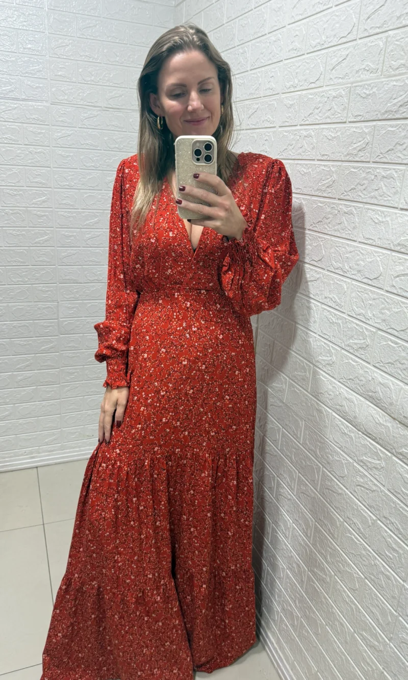 vestido longo estampa camponesa verde